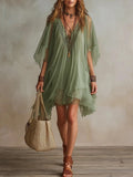  MQTIME  -  Spring Sexy Deep V Neck Loose Mini Dress Women Elegant Solid Ruffle A-Line Party Dress Summer Short Sleeve Mesh Party Dress