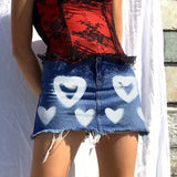 MQTIME  -  Y2k Vintage Party Club Streetwear Mini Skirts Bodycon Clothes 2024 Fashion Harajuku Women Lovely Heart Print A Line Denim Skirt