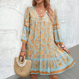 MQTIME  -  Women's Bohemian Printed Dress V Neck Chic Short Dress Loose Fit Viscose Holiday Dresses Femme Hippie Vestidos