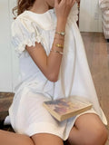  MQTIME  -  Sweet Summer Temperament Loose All Match Solid Peter Pan Collar Puff Sleeve Ruffles Dresses