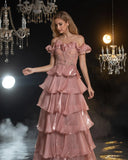 MQTIME  -  Vintage Pink Chiffon Evening Dresses Off Shoulder Beads Prom Gowns Sexy Tiered Ruffles Celebrity Homecoming Party Robe De Soiree