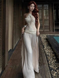 MQTIME  -  Women Strap Dress Spring Backless Waist Tied Maxi Dress Women's Lace Paneled Summer Elegant Slim Fit Slip Dress