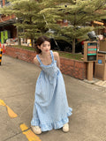 MQTIME  -  Ear Hem Plaid Maxi Dresses for Women Small Fresh Ruffles Dress Korean Square Collar Sleeveless Vestidos
