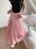 Mqtime Pink Plaid Pleated Skirts Women Summer Sweet A-line Fashin Skirts Female High Waist Zipper Loose Long Skirts New Streetwear