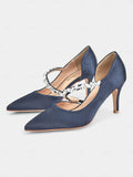 MQTIME  -  Sexy Side Cut Out High Heels Pointed Toe Satin Strap Rhinestone Chain Women Dress Sandals