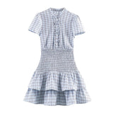  MQTIME  -  Chic Plaid Short Dresses For Women 2026 New Short Sleeve Elastic Waist Mini Dress Ruffles Casual Holiday Dresses ﻿