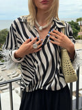 MQTIME  -  Fashion Minimal Zebra Print Leisure Blouse Classic V Neck Fluffy White Feather Cuffs Top Women Autumn City Casual Walk Blouse