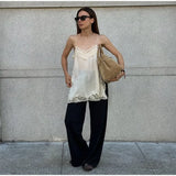 MQTIME  -  Solid Lace Patchwork Sling Tops Lady Casual Sleeveless V Neck Chic Loose Backless Short Vest Summer Vacation Street Wear