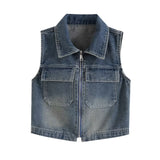 MQTIME  -  2024 Summer New Product Women's Retro Versatile Polo Collar Sleeveless Style Slim Zipper Denim Vest