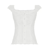 MQTIME  -  Fashion White Pleated Slim Fit Vest Women Elegant Puff Sleeve Square Neck Single Breasted Top 2025 Summer Street Female New Wear