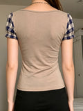 MQTIME  -  American Preppy Argyle Contrast Color Patchwork Square Collar Short Sleeve Top Female