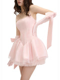 MQTIME  -  Sexy Spaghetti Strap Backless Bow Design Mini Dress Women Pink Black Sleeveless Lace Patchwork A-line Dresses Birthday Party