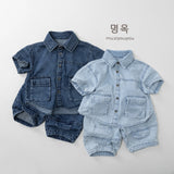 MQTIME  -  Summer New Children Short Sleeve Denim Shirts Boys Girls Lapel Shirts Solid Baby Casual Tops Fashion Kids Clothes