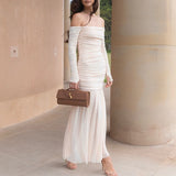 MQTIME  -  Female Backless Hollow Mesh Maxi Dress Spring Summer Holiday Boho Long Dress Women Sexy Off Shoulder Solid Pleated Evening Dress