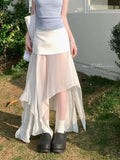  MQTIME  -  New Summer Style, Korean Design Sense, Niche and Irregular Fake Two-piece Mesh Patchwork Bodycon Skirt.