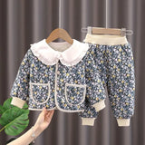 MQTIME  -  Baby Girls Cotton-Padded Jacket Set Winter Thick Warm Floral Print Quilted Coat+ Pants 2 Piece Set Cute Kids Casual Clothes