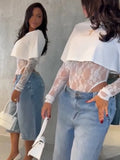 MQTIME  -  Lace T-shirt Top Jumpsuit Women O-neck Full Sleeve Irregular Fit Tops Summer Fashion Female Streetwear Fake Two Pieces
