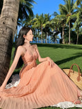 MQTIME  -  Beach Holiday Pink Backless Neck-mounted Long Dresses Summer French Hepburn Pressure Pleated Big Swing Casual Female Clothing