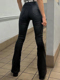  MQTIME  -  Women PU Leather Long Pants Solid Color High Waist Bell Bottom Trousers for Party Fashion Streetwear