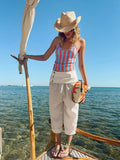 MQTIME  -  Blue Red Striped Halter Cami Top Women U Neck Ruched Slim Cropped Sleeveless Vest Summer Beach Vacation Casual Y2k Outfit