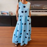 MQTIME  -  Round Neck Pocket Long Dress Summer Fashion Polka Dot Printed Draped Maxi Dress Casual Cotton Linen Loose Party Dresses