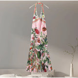  MQTIME  -  Print Long Dress For Women Stand Deep V-neck Sleeveless Backless Waist Cinching Robe Summer Elegant Female Party Dresses