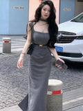 MQTIME  -  Summer New Korean Elegant Sex Appeal Dresses Simple Solid Color Evening Party Prom Vestidos Women Chic One Piece Clothing