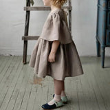  MQTIME  -  Summer Retro Linen Loose Flared Sleeve Dress Girls New Solid Color Cotton And Linen Casual Back Bow Tie Princess Dresses