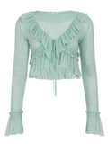  MQTIME  -  Y2k Sweet Solid Bandage Ruffles Neck Lace-up Patchwork Irregular Design Short Cardigan