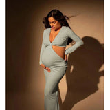 MQTIME  -  NEW Long Sleeve Bodycon Maternity Maxi Stretchy Dress Perfect For Baby Boy Shower Pregnancy Elastic Gown For Photo Shoots