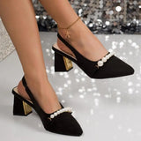 MQTIME  -  Luxury Pearl Chain Suede Slingback Pumps Women Summer Elegant Pointed Toe High Heel Pumps Plus Size Women Party Dress Shoes