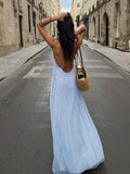 MQTIME  -  Backless Blue Pleated Vacation Dress Women's Sexy Spaghetti Strap Loose V-neck Robes Lady Holiday Beach Party Gowns Summer