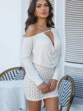 MQTIME  -  Sexy Dress Women Bandages Backless Full Sleeve Hollow Rivet Diagonal Collar Midnight Party Club Stretch Bodycon