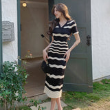 MQTIME  -  2024 summer new retro niche striped knitted dress with V-neck and short sleeves slim fit and slim fit, paired with Hepburn style