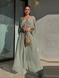 MQTIME  -  Pleated Elegant Summer Long Dress Women Batwing Sleeve Deep V-neck High Waist Street Thin Dresses Vacation 2025 New Slim Robe