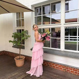 MQTIME  -  Women Ruffles Layered Dresses Summer Female Elegant Chiffon Backless Sleeveless Fluffy Long Dress Solid Color Lady Beach Robes