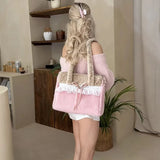 MQTIME  -  Sweet Utility Tote, Plush Deer Spot Bag With Lace Bow, Lolita Style Large Capacity Crossbody, Brown Pink Soft Shoulder Bag