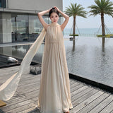 MQTIME  -  French Beige Elegant Vacation Halter Backless Birthday Party Pleated Fairy Dress A Line Prom Evening Gowns Long Dresses Summer