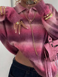 MQTIME  -  Womens Slouchy O Neck Knitted Sweater Soft Girl Barbiecore Y2K Aesthetic Long Sleeve Fluffy Knitwear Top Vibrant Fuchsia Pink Purple Ombre Gradient Space Dye Brushed Mohair Texture Drop Shoulder Baggy Silhouette Fo