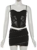 MQTIME  -  Puss Sexy Hipster 2-Piece Set Women Irregular Mesh Patchwork Camisole+Pu Bandage Peach Hip Skirt Slim Midnight Streetwear