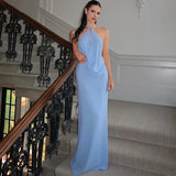 MQTIME  -  Women Sexy Blue Hollow Out Swinging Collar Maxi Dress Summer Holiday Lace Up Halter Backless Beach Party Long Robe Vestidos