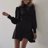 Mqtime Spring Elegant Solid Color Backless Slim Dress Women Fashion Lace-Up Mini Dress Sexy Lady Half High Collar Party Cocktails Dress