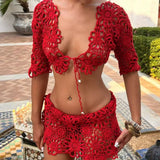 MQTIME  -  Beach Party Two Piece Set Sexy V-neck Hollow Out Lace Tops&Mini Skirts Sets Summer New Solid Color Mesh Knitted Outfits