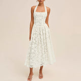 MQTIME  -  Fashion Backless Pleated Beach Dresses Sexy Women's Halter Hollow Out Holiday Dress Lace High Waist Slim Fit Summer Long Dress