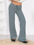 MQTIME  -  Ladies Striped Flare Trousers with Elastic Waistband Stylish Straight Leg Bell Bottom Pants for Casual Wear Long and