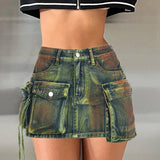 MQTIME  - Vintage Tie Dye Print Cargo Mini Denim Skirts Women Fashion Multi Pocket Mid Waist Button Fly Casual Jeans Bottom Y2K Streetwear