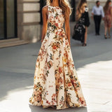MQTIME  -  Vintage Floral Print Evening Dress Women Sleeveless High Waist A-Line Maxi Dress for Formal Party and Wedding Guest Outfits