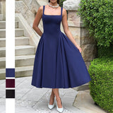 MQTIME  -  Summer New French Square Neck Women Elegant Strap Dress Simple Solid Color Female Banquet Grand Display Long Dresses