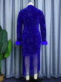 Mqtime Women Dress Velvet Shiny Glitter Sequin Long Sleeve  Feather Tassel Autumn Package Hip Celebrate Occasion Birthday African Gown