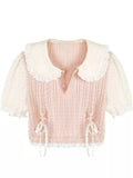 MQTIME  -  French Temperament Sweet Peter Pan Collar Short Sleeve Lace-up Knitted Short T-Shirts